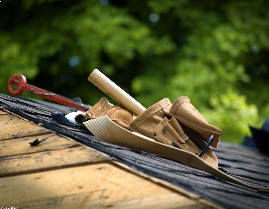 Roofing tools on a roof being repaired